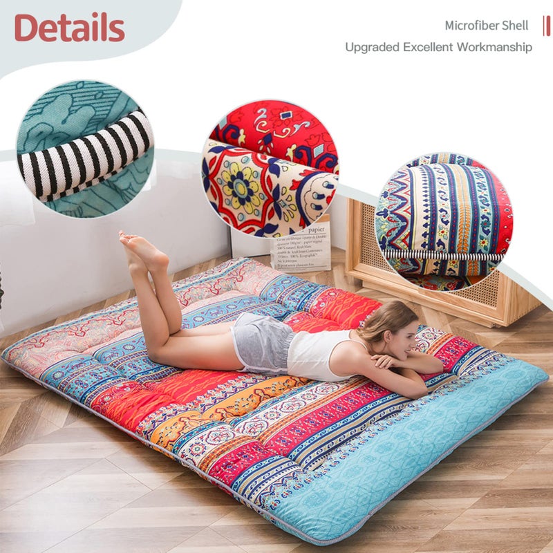 MAXYOYO Bohemian Retro Floor Mattress Vintage Floral Japanese Futon Mattress Roll Up Tatami Floor Mat Foldable Bed Portable Camping Mattress Sleeping Pad Floor Lounger Couch Bed Queen Size - Image 3